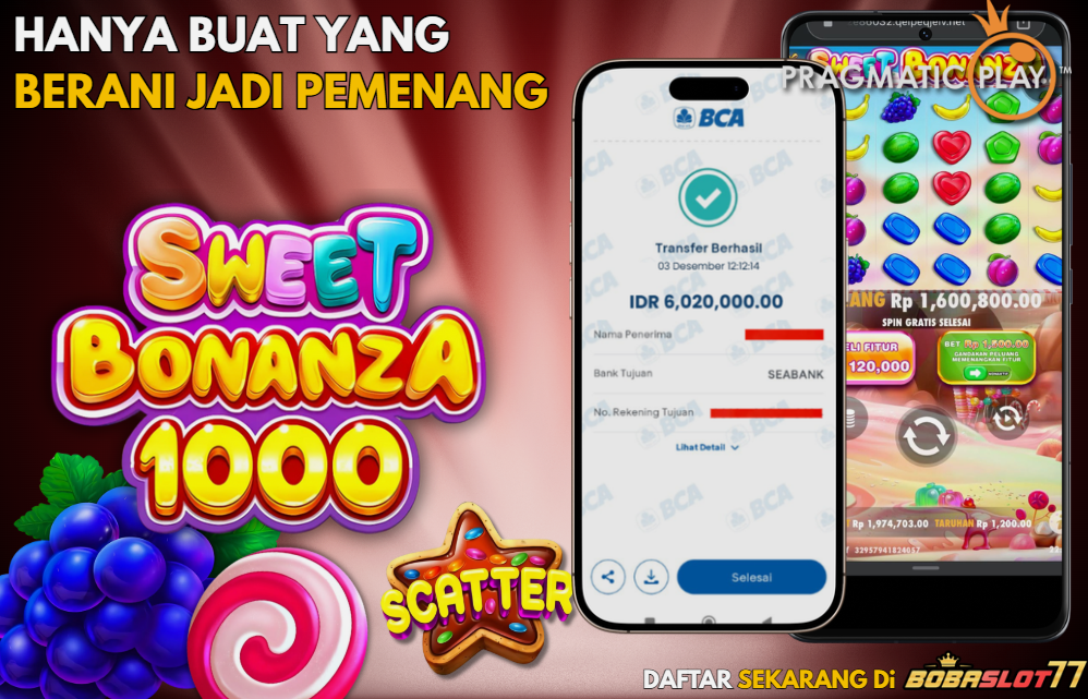 Selamat kepada user id : yu***ia Wede Rp 6.020.000 di Game SWEET BONANZA 1000 PRAGMATIC PLAY Cair Gk Sampe 1 Menit! Menang Mudah di Bobaslot77